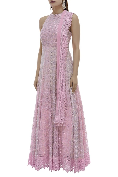 Buy_Vandana Sethi_Pink Chikankari Net Halter Neck Embroidered Anarkali With Dupatta_Online_at_Aza_Fashions
