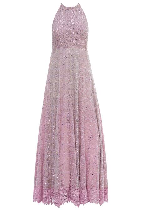 Shop_Vandana Sethi_Pink Chikankari Net Halter Neck Embroidered Anarkali With Dupatta_Online_at_Aza_Fashions
