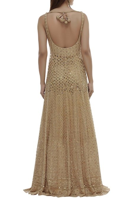 Shop Vandana Sethi Beige Chikankari Net U-shaped Neckline Embroidered Anarkali With Dupatta at Aza Fashions Shop_Vandana Sethi_Beige Chikankari Net U-shaped Neckline Embroidered Anarkali With Dupatta _at_Aza_Fashions