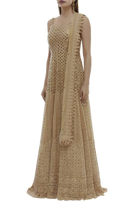 Vandana Sethi Beige Chikankari Net U-shaped Neckline Embroidered Anarkali With Dupatta Online at Aza Fashions Vandana Sethi_Beige Chikankari Net U-shaped Neckline Embroidered Anarkali With Dupatta _Online_at_Aza_Fashions