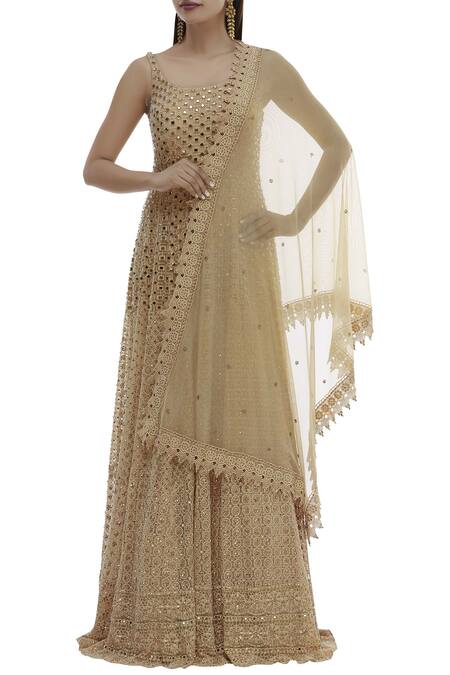 Buy Vandana Sethi Beige Chikankari Net U-shaped Neckline Embroidered Anarkali With Dupatta Online at Aza Fashions Buy_Vandana Sethi_Beige Chikankari Net U-shaped Neckline Embroidered Anarkali With Dupatta _Online_at_Aza_Fashions