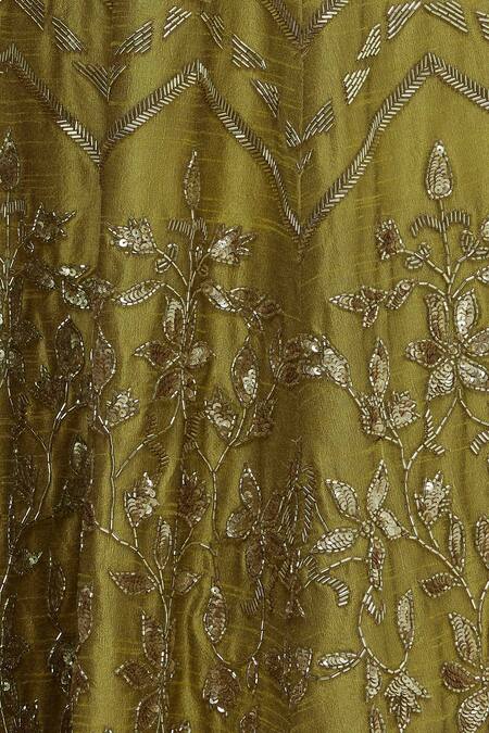 Vandana Sethi_Green Dupion Silk Halter Neck Embroidered Lehenga Set_at_Aza_Fashions