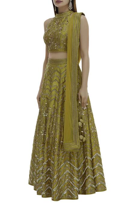 Vandana Sethi_Green Dupion Silk Halter Neck Embroidered Lehenga Set_Online_at_Aza_Fashions