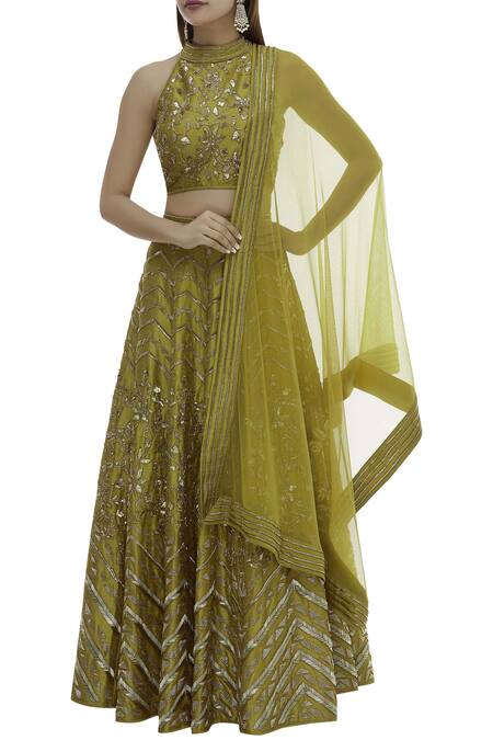 Buy_Vandana Sethi_Green Dupion Silk Halter Neck Embroidered Lehenga Set_Online_at_Aza_Fashions