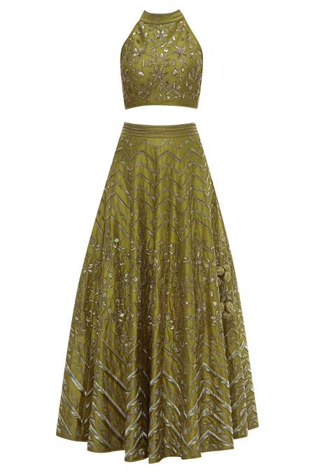 Shop_Vandana Sethi_Green Dupion Silk Halter Neck Embroidered Lehenga Set_Online_at_Aza_Fashions