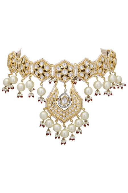 Shop_Auraa Trends_Gold Plated Artificial Stones Kundan Necklace Set_at_Aza_Fashions