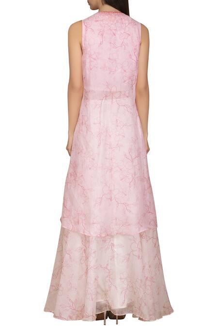 Shop Varun Bahl Pink Organza V Neck Printed Jacket And Lehenga Set at Aza Fashions Shop_Varun Bahl_Pink Organza V Neck Printed Jacket And Lehenga Set_at_Aza_Fashions
