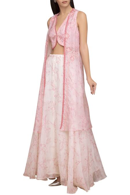 Varun Bahl Pink Organza V Neck Printed Jacket And Lehenga Set Online at Aza Fashions Varun Bahl_Pink Organza V Neck Printed Jacket And Lehenga Set_Online_at_Aza_Fashions