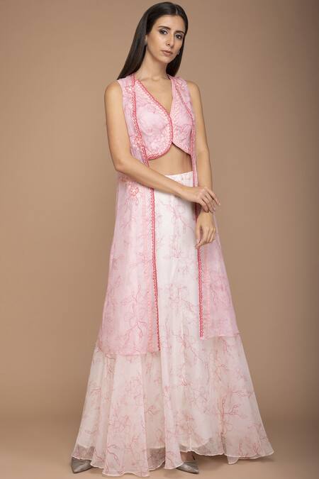 Buy Varun Bahl Pink Organza V Neck Printed Jacket And Lehenga Set Online at Aza Fashions Buy_Varun Bahl_Pink Organza V Neck Printed Jacket And Lehenga Set_Online_at_Aza_Fashions