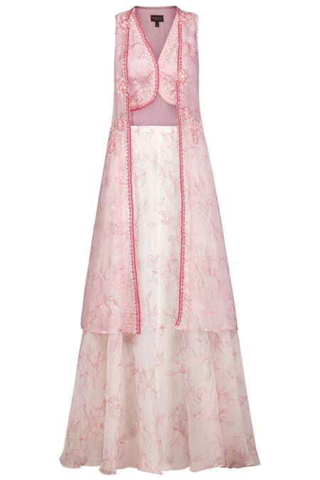 Shop Varun Bahl Pink Organza V Neck Printed Jacket And Lehenga Set Online at Aza Fashions Shop_Varun Bahl_Pink Organza V Neck Printed Jacket And Lehenga Set_Online_at_Aza_Fashions
