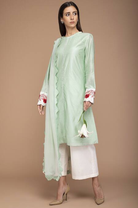 Buy Varun Bahl Green Chanderi Straight Kurta Set Online at Aza Fashions Buy_Varun Bahl_Green Chanderi Straight Kurta Set_Online_at_Aza_Fashions