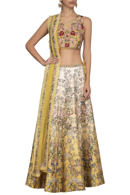 Varun Bahl Yellow Raw Silk V Neck Embroidered Bridal Lehenga Set 