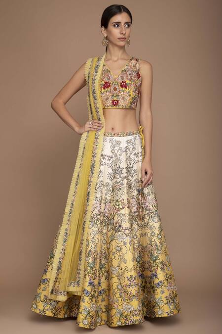 Buy Varun Bahl Yellow Raw Silk V Neck Embroidered Bridal Lehenga Set Online at Aza Fashions Buy_Varun Bahl_Yellow Raw Silk V Neck Embroidered Bridal Lehenga Set_Online_at_Aza_Fashions