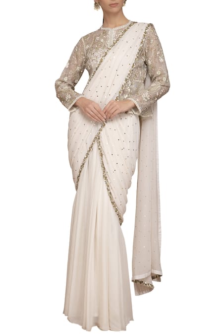 Varun Bahl White Organza Pre-stitched Saree With Blouse