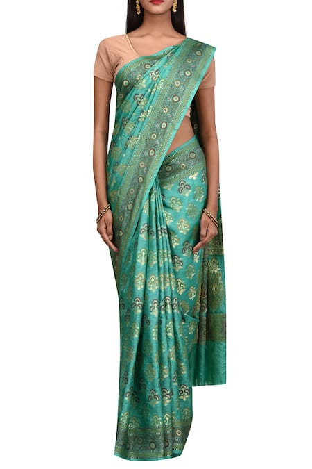 Samyukta Singhania_Green Tussar, Silk Zari, Embroidery Sea Pure Saree _Online_at_Aza_Fashions