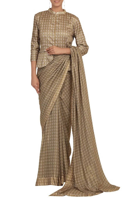 Rabani & Rakha Gold Georgette Mandarin Collar Printed Saree With Blouse  