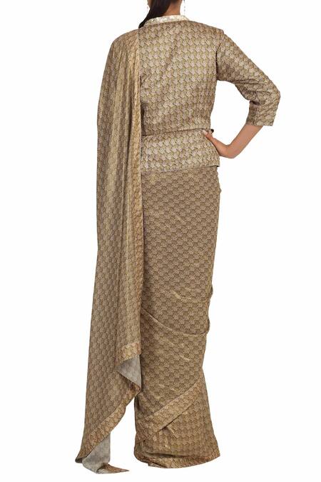 Shop_Rabani & Rakha_Gold Georgette Mandarin Collar Printed Saree With Blouse_at_Aza_Fashions