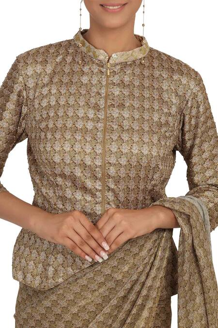 Buy_Rabani & Rakha_Gold Georgette Mandarin Collar Printed Saree With Blouse_Online_at_Aza_Fashions