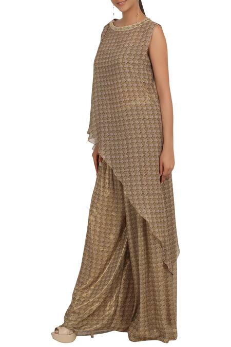 Rabani & Rakha_Gold Georgette Round Printed Tunic Palazzo Set_Online_at_Aza_Fashions