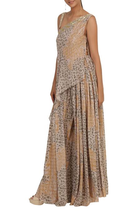 Rabani & Rakha_Gold Georgette Printed Tunic Palazzo Set_Online_at_Aza_Fashions