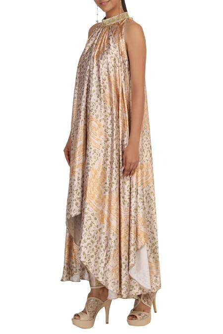 Rabani & Rakha_Gold Satin Round Printed Tunic Pant Set_Online_at_Aza_Fashions