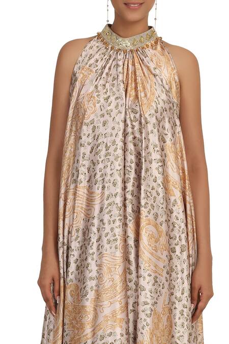 Buy_Rabani & Rakha_Gold Satin Round Printed Tunic Pant Set_Online_at_Aza_Fashions