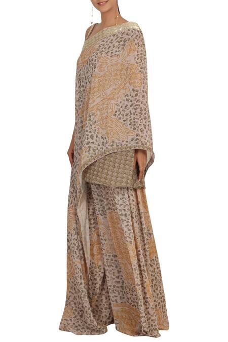 Rabani & Rakha_Gold Georgette Printed Cape Pant Set_Online_at_Aza_Fashions