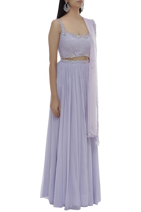 Pooja Peshoria Purple Net, Georgette, Shantoon Square Neck Embellished Lehenga Set Online at Aza Fashions Pooja Peshoria_Purple Net, Georgette, Shantoon Square Neck Embellished Lehenga Set _Online_at_Aza_Fashions