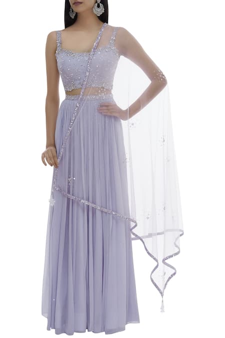 Buy Pooja Peshoria Purple Net, Georgette, Shantoon Square Neck Embellished Lehenga Set Online at Aza Fashions Buy_Pooja Peshoria_Purple Net, Georgette, Shantoon Square Neck Embellished Lehenga Set _Online_at_Aza_Fashions