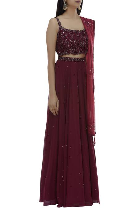 Pooja Peshoria Wine Net, Georgette, Shantoon Square Neck Embellished Lehenga Set Online at Aza Fashions Pooja Peshoria_Wine Net, Georgette, Shantoon Square Neck Embellished Lehenga Set _Online_at_Aza_Fashions