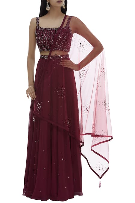 Buy Pooja Peshoria Wine Net, Georgette, Shantoon Square Neck Embellished Lehenga Set Online at Aza Fashions Buy_Pooja Peshoria_Wine Net, Georgette, Shantoon Square Neck Embellished Lehenga Set _Online_at_Aza_Fashions