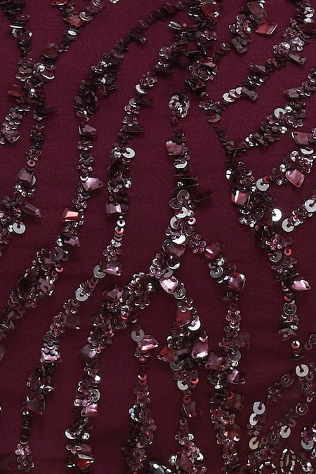 Pooja Peshoria Wine Net, Georgette, Shantoon Square Neck Embellished Lehenga Set at Aza Fashions Pooja Peshoria_Wine Net, Georgette, Shantoon Square Neck Embellished Lehenga Set _at_Aza_Fashions