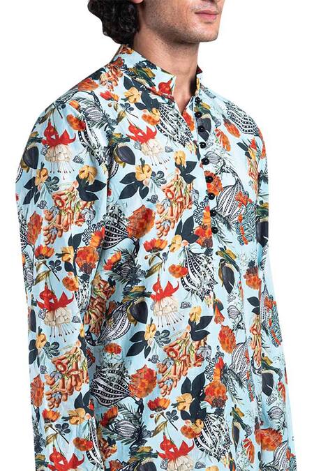 Buy_Shivan & Narresh_Blue Cotton Silk Printed Kurta Set_Online_at_Aza_Fashions