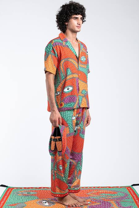 Shivan & Narresh_Orange Stone Satin Printed Pant Set_Online_at_Aza_Fashions