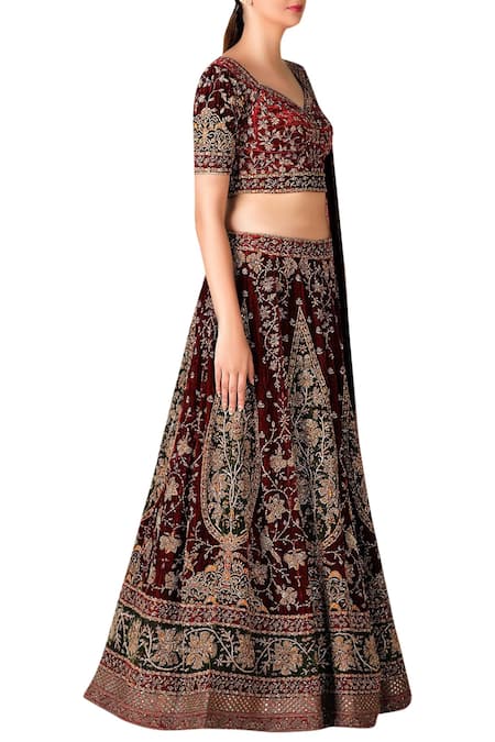 RI.Ritu Kumar Maroon Silk Velvet Sweetheart Neck Embroidered Bridal Lehenga Set Online at Aza Fashions RI.Ritu Kumar_Maroon Silk Velvet Sweetheart Neck Embroidered Bridal Lehenga Set _Online_at_Aza_Fashions