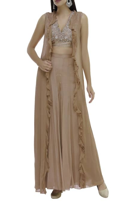 Neha Khullar Beige Chiffon V Neck Chanderi Silk Crop Top Pant Set 