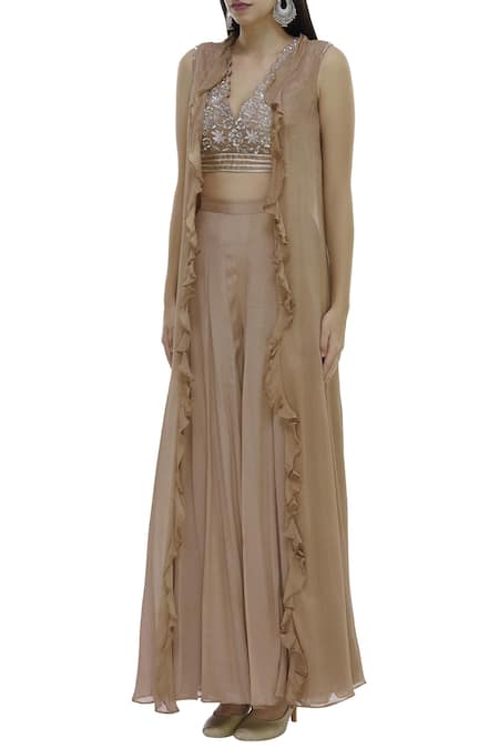 Neha Khullar_Beige Chiffon, Chanderi Silk V Neck Crop Top Pant Set _Online_at_Aza_Fashions