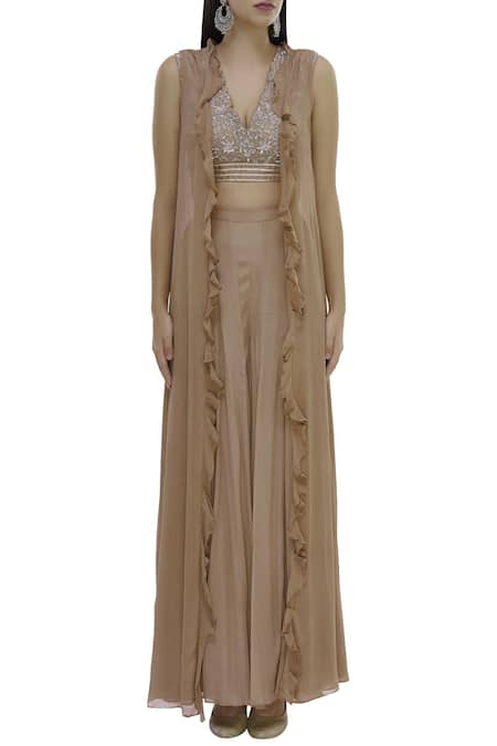 Buy_Neha Khullar_Beige Chiffon, Chanderi Silk V Neck Crop Top Pant Set _Online_at_Aza_Fashions
