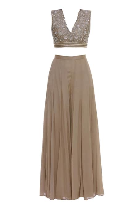 Shop_Neha Khullar_Beige Chiffon, Chanderi Silk V Neck Crop Top Pant Set _Online_at_Aza_Fashions