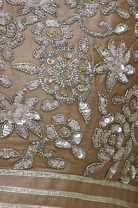 Neha Khullar_Beige Chiffon, Chanderi Silk V Neck Crop Top Pant Set _at_Aza_Fashions