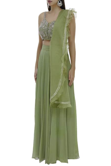 Neha Khullar_Green Tulle, Chiffon Organza Floral Jaal Motif Leaf Flared Lehenga Set _Online_at_Aza_Fashions