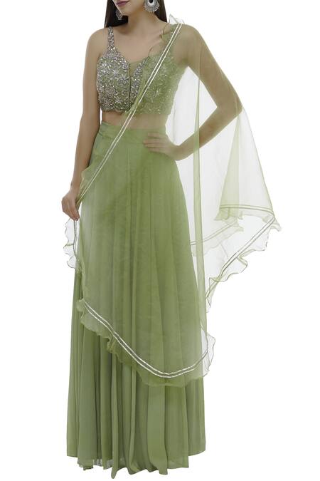 Buy_Neha Khullar_Green Tulle, Chiffon Organza Floral Jaal Motif Leaf Flared Lehenga Set _Online_at_Aza_Fashions