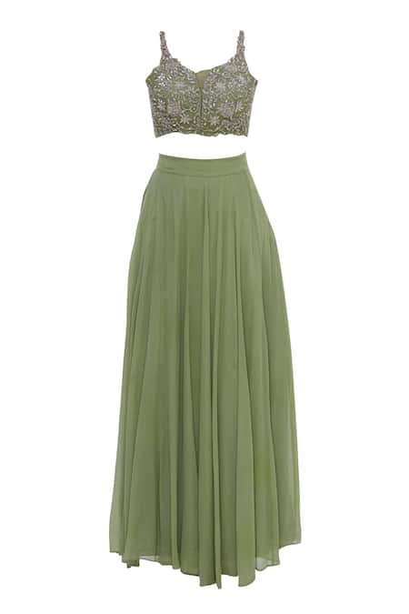 Shop_Neha Khullar_Green Tulle, Chiffon Organza Floral Jaal Motif Leaf Flared Lehenga Set _Online_at_Aza_Fashions