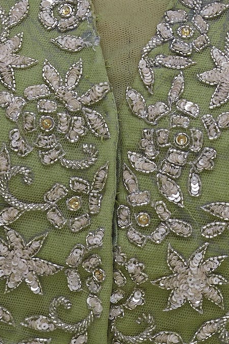 Neha Khullar_Green Tulle, Chiffon Organza Floral Jaal Motif Leaf Flared Lehenga Set _at_Aza_Fashions