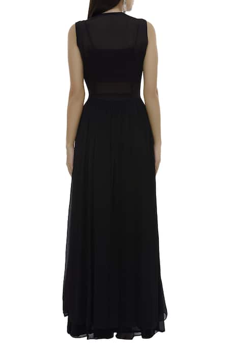 Shop_Neha Khullar_Black Net, Chanderi Silk V Neck Crop Top Pant Set _at_Aza_Fashions