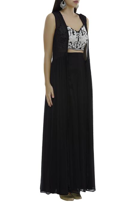 Neha Khullar_Black Net, Chanderi Silk V Neck Crop Top Pant Set _Online_at_Aza_Fashions