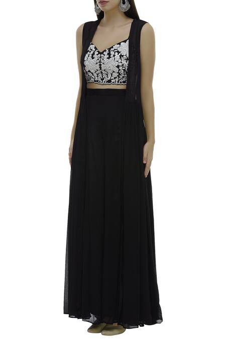 Buy_Neha Khullar_Black Net, Chanderi Silk V Neck Crop Top Pant Set _Online_at_Aza_Fashions