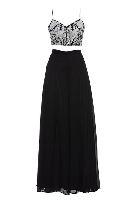 Shop_Neha Khullar_Black Net, Chanderi Silk V Neck Crop Top Pant Set _Online_at_Aza_Fashions