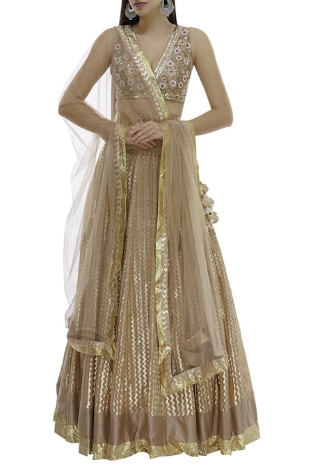 Neha Khullar Beige Chanderi Brocade V Neck Lehenga Set 