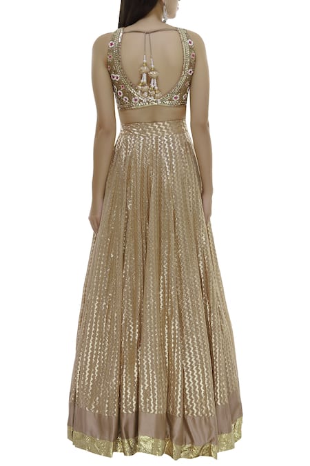 Shop Neha Khullar Beige Net, Silk, Brocade V Neck Lehenga Set at Aza Fashions Shop_Neha Khullar_Beige Net, Silk, Brocade V Neck Lehenga Set _at_Aza_Fashions